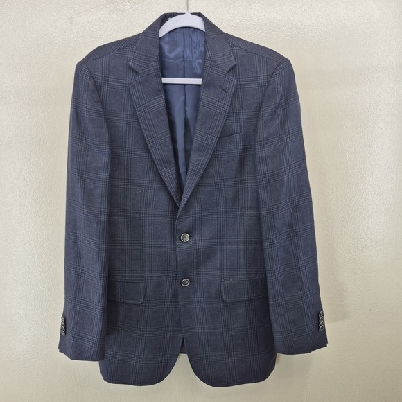 Joseph Abboud 38L Blazer Sport Coat REDA Linen Wool Navy Plaid - Picture 1 of 14